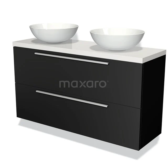 Modulo Plato Slim Vanity units for countertop basin | 120 cm Matte black Flat front High-gloss white worktop 2 Stacked drawers BMK37-01883