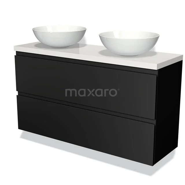 Black bathroom unit with double countertop basin, modern design, sleek finish. Perfect for a stylish bathroom design.