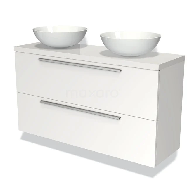 Weißes Badezimmermöbel mit zwei keramischen Aufsatzwaschbecken, schlichten Schubladen und modernem Design, ideal für ein stilvolles Badezimmer.