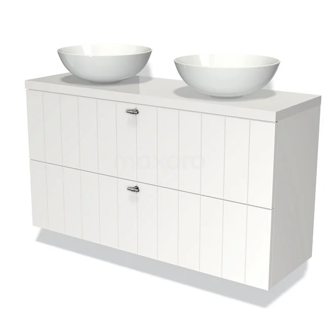 Weißes Badezimmermöbel mit doppelten Aufsatzwaschbecken, modernem Design, vertikalen Lamellen und geräumigen Schubladen.