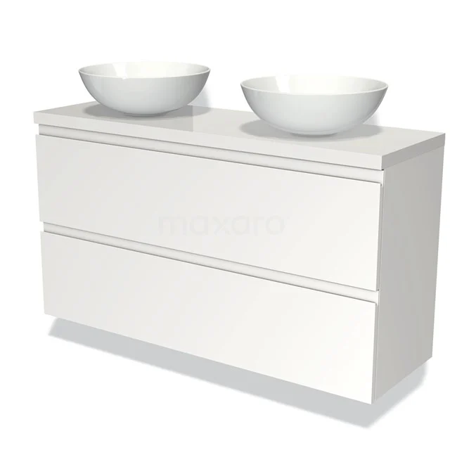 Badmöbel mit Konsole 120cm Modulo Plato Slim Matt Weiß 2 Schubladen Grifflos BMK37-01891 Weißes Badezimmermöbel mit doppelten Aufsatzwaschbecken, modernes Design, zwei Schubladen, ideal für moderne Bäder.