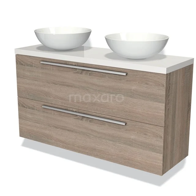 Modulo Plato Slim Badkamermeubel voor waskom | 120 cm Eiken Vlak front Hoogglans wit blad 2 lades onder elkaar BMK37-01898