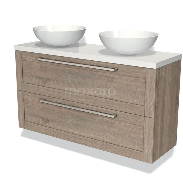 Modulo Plato Slim Badkamermeubel voor waskom | 120 cm Eiken Kader front Hoogglans wit blad 2 lades onder elkaar BMK37-01899