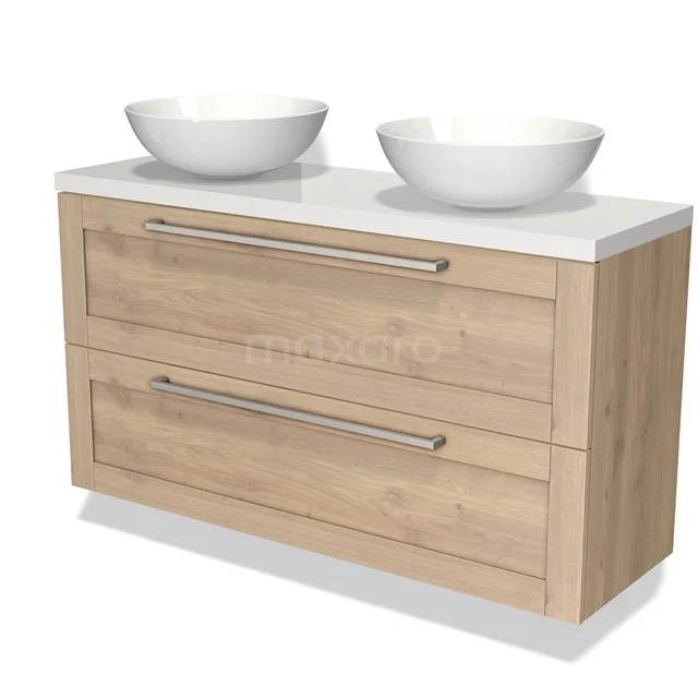 Badmöbel mit Doppelwaschbecken, Holzoptik, zwei breite Schubladen und weißen keramischen Aufsatzwaschbecken für einen modernen Badezimmerstil.