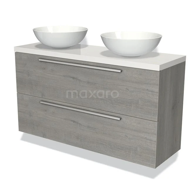 Grey wooden bathroom unit with double round countertop wash basins, modern look and sleek chrome handles.