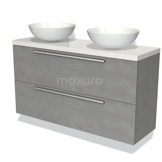 Grey bathroom furniture set with double white countertop wash basins, modern look, and matte concrete-look finish.