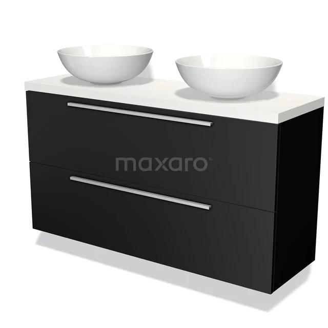 Black bathroom furniture set with two white countertop wash basins, sleek drawers and high-gloss finish, perfect for modern bathrooms.