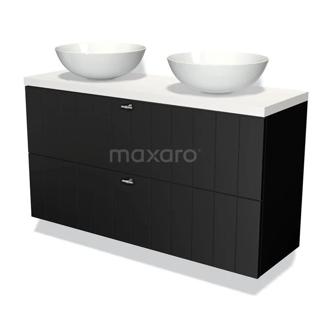 Modulo Plato Slim Vanity units for countertop basin | 120 cm Matte black Slat front Matte white worktop 2 Stacked drawers BMK37-01913