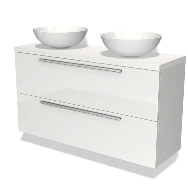 Weiße Badmöbelset mit Doppelwaschbecken, Hochglanzoberfläche und modernen Haltegriffen, perfekt für stilvolle Bäder.
