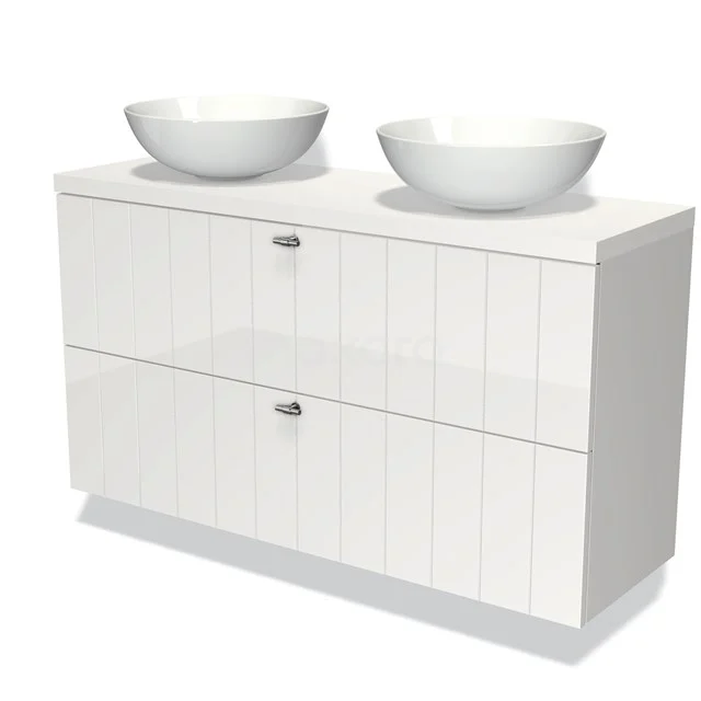 Waschtischunterschrank mit Konsole 120cm Modulo Plato Slim Hochglanz Weiß 2 Schubladen Laminat BMK37-01919 Weiße Badmöbel mit doppelten Aufsatzwaschbecken, Regalstruktur und metallischen Griffen, ideal für ein stilvolles und modernes Badezimmer.