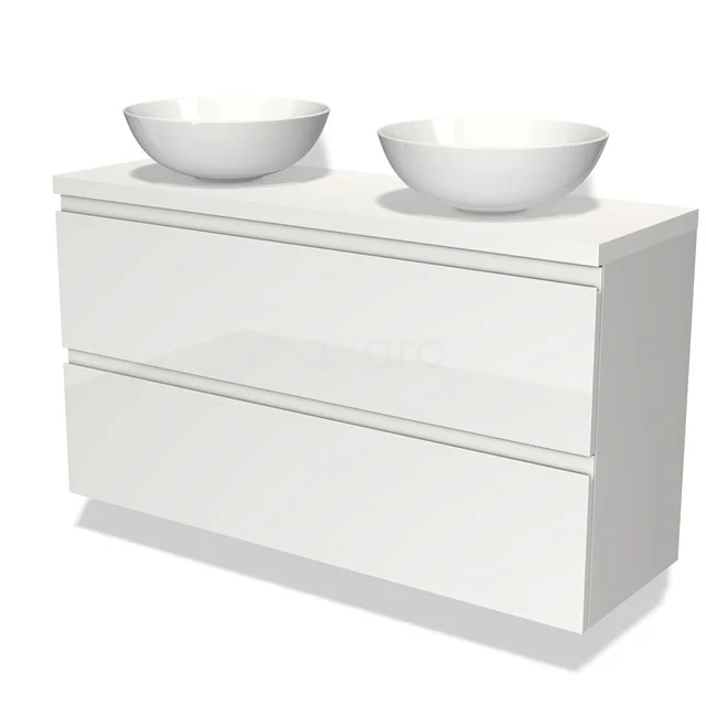 Waschtischunterschrank mit Konsole 120cm Modulo Plato Slim Hochglanz Weiß 2 Schubladen Grifflos BMK37-01920 Weiße Doppelwaschbeckenmöbel mit zwei runden Aufsatzwaschbecken, modernes Design, ideal für eine stilvolle Badezimmer Einrichtung.