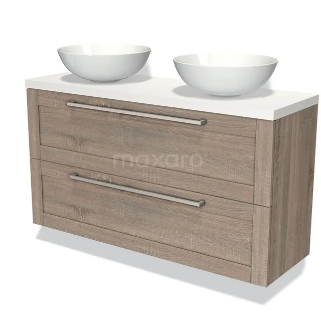 Badmöbelunterschrank mit Konsole 120cm Modulo Plato Slim Eiche 2 Schubladen Rahmen BMK37-01928 Holz Badezimmermöbel mit 2 weißen Aufsatzwaschbecken, modernes Design und geräumigen Schubladen, ideal für eine stilvolle Badezimmergestaltung.