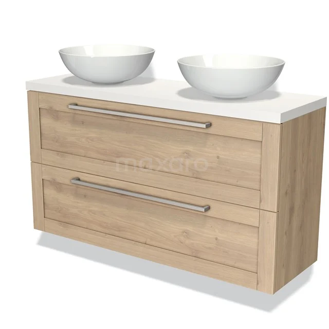 Wooden bathroom unit with double countertop wash basins, modern design, soft Oak finish and spacious storage drawers.