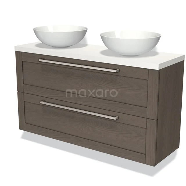 Modulo Plato Slim Vanity units for countertop basin | 120 cm Dark brown oak Frame front Matte white worktop 2 Stacked drawers BMK37-01936