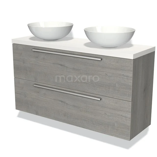 Graues Holz Badezimmermöbel mit zwei weißen Aufsatzwaschbecken, moderner Look und geräumigen Schubladen für ein stilvolles Badezimmer.