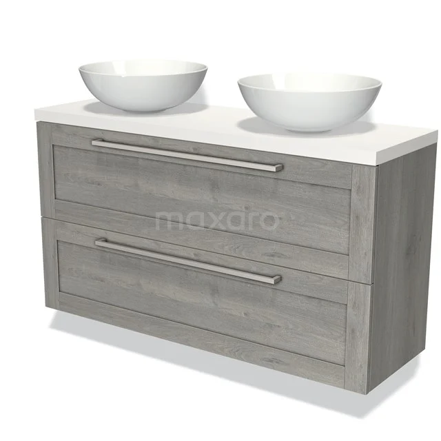 Modulo Plato Slim Badmöbel mit Aufsatzwaschbecken | 120 cm Graue Eiche Rahmen front Matt Weiß blatt 2 übereinanderliegende Schubladen BMK37-01938 Holz-Badmöbel mit doppelten Aufsatzwaschbecken, graue Eiche-Finish und zwei Schubladen für Stauraum.