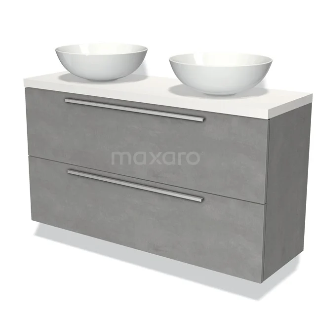 Modulo Plato Slim Vanity units for countertop basin | 120 cm Light grey concrete Flat front Matte white worktop 2 Stacked drawers BMK37-01939