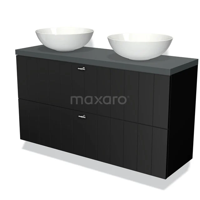 Schwarzes Holz Badezimmermöbel mit zwei runden weißen Waschbecken, modernes Design und geräumigen Schubladen.