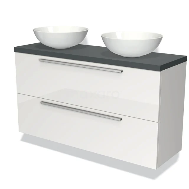 Weiße Badmöbelset mit schwarzer Platte, zwei keramischen Aufsatzwaschbecken und schickem modernem Design für stilvolle Bäder.