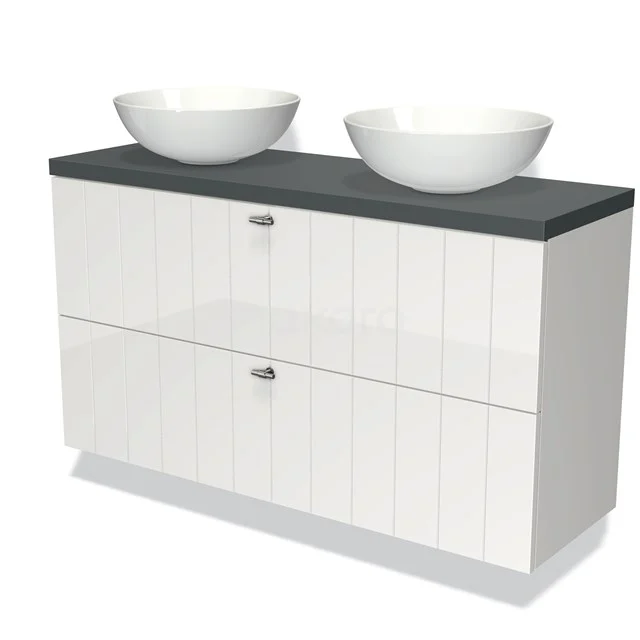 Waschtischunterschrank mit Konsole 120cm Modulo Plato Slim Hochglanz Weiß 2 Schubladen Laminat BMK37-01948 Weiße Badmöbelset mit zwei runden Aufsatzwaschbecken und grauer Platte, modernes Design mit glatter Oberfläche.