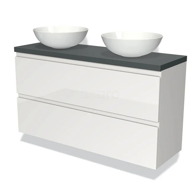 Weißes Badezimmermöbel mit zwei Aufsatzwaschbecken und einer schwarzen Oberfläche, modernes Design und geräumigen Schubladen.