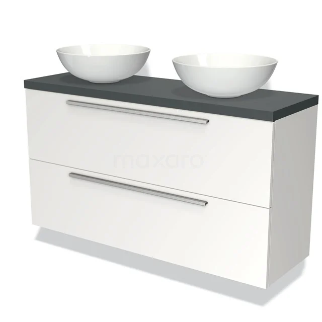 Weißes Badmöbel mit 2 Schubladen, schwarzer Waschtischplatte und 2 runden weißen Aufsatzwaschbecken, modernes Design für stilvolle Bäder.