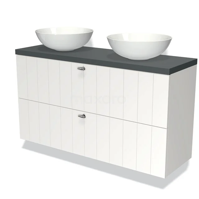 Weiße Badmöbelset mit zwei runden Aufsatzwaschbecken, Schwarz Platte und vertikalen Details, ideal für moderne Bäder.