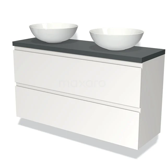 Weiße schwebende Badmöbel mit schwarzer Platte und doppelten runden Aufsatzwaschbecken, modernes Design für stilvolle Bäder.