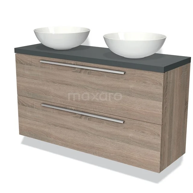 Holz Badezimmermöbel mit Dunkelgrau Platte und doppelten weißen Waschbecken; modernes Design mit zwei geräumigen Schubladen.