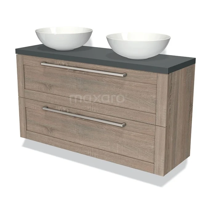 Wooden bathroom unit with dark grey worktop and double white countertop wash basins, featuring two wide drawers with metal handles.