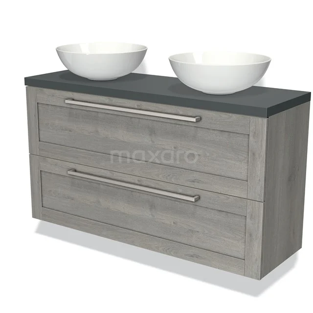 Wooden bathroom unit with grey worktop, two white countertop wash basins and silver handles; modern design for stylish bathrooms.