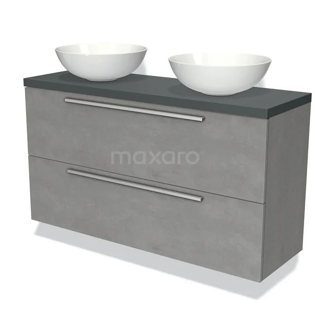 Graue doppelte Badmöbelset mit zwei weißen schalenförmigen Waschbecken, modernen schlanken Schubladen und einer dunklen Platte.