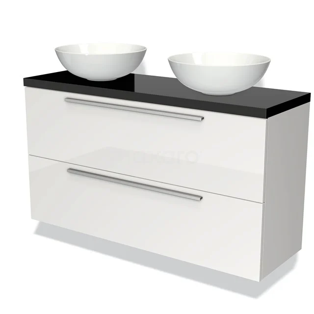 Weißes Badmöbel mit schwarzer Glasplatte und zwei runden Waschbecken, modernes Design, ideal für moderne Bäder.