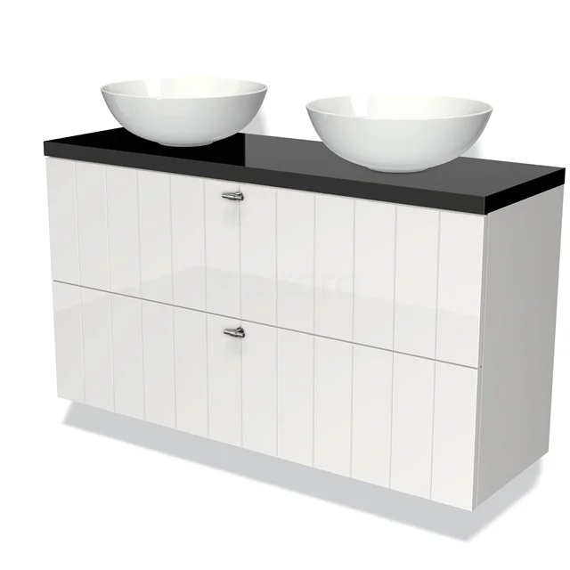 Weißer Badschrank mit glänzender Oberfläche, schwarzer Platte und doppelten runden Aufsatzwaschbecken, ideal für moderne Badezimmergestaltung.
