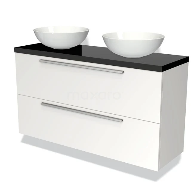 Weiße Badmöbelset mit schwarzer Platte, doppelten Aufsatzwaschbecken und Schubladen, modernes Design für stilvolle Bäder.