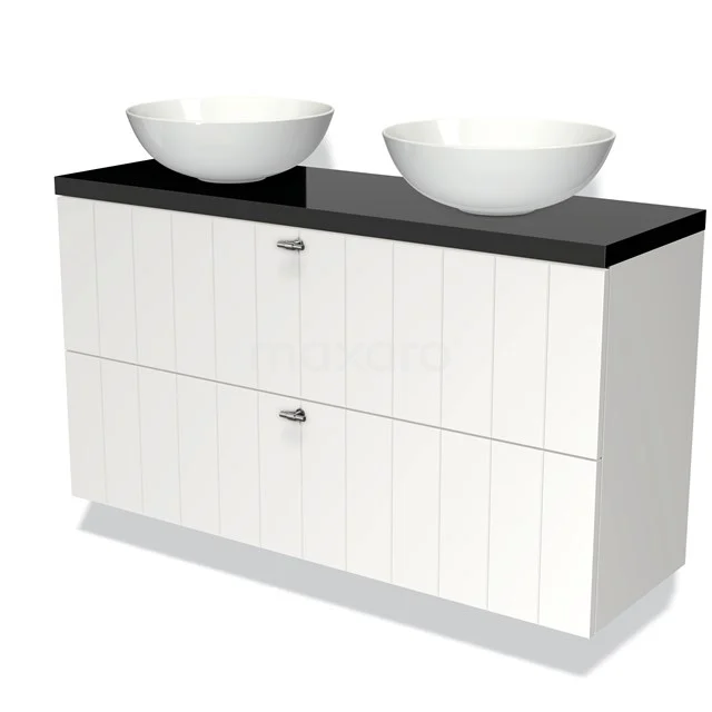 Weißes Badezimmermöbel mit schwarzer Platte, doppelten Aufsatzwaschbecken und moderner Schubladeneinteilung; stilvolles und funktionales Design.