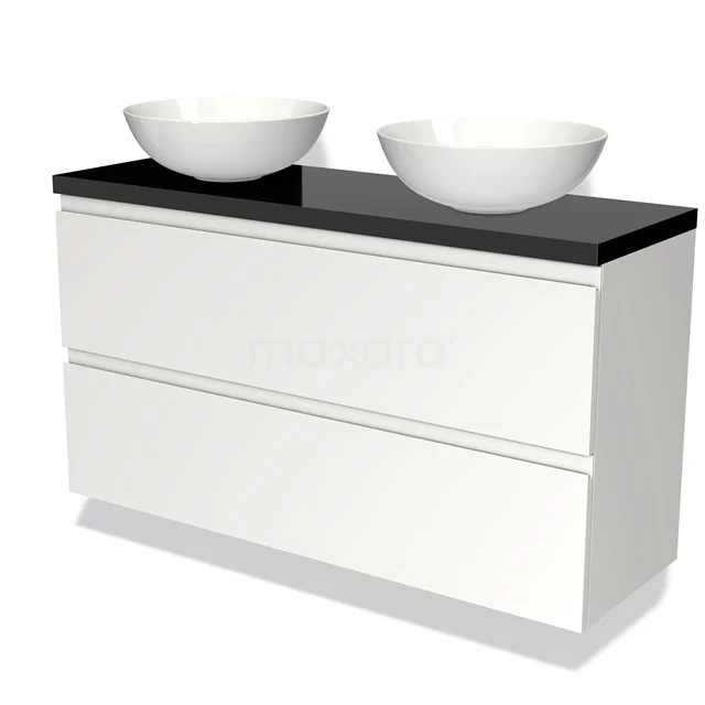Weißes Badezimmermöbel mit schwarzer Arbeitsplatte, doppelten Aufsatzwaschbecken und schlichten Schubladen; modernes Design für ein stilvolles Badezimmer.