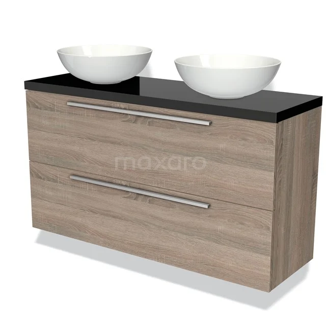 Modulo Plato Slim Badkamermeubel voor waskom | 120 cm Eiken Vlak front Hoogglans zwart blad 2 lades onder elkaar BMK37-01985