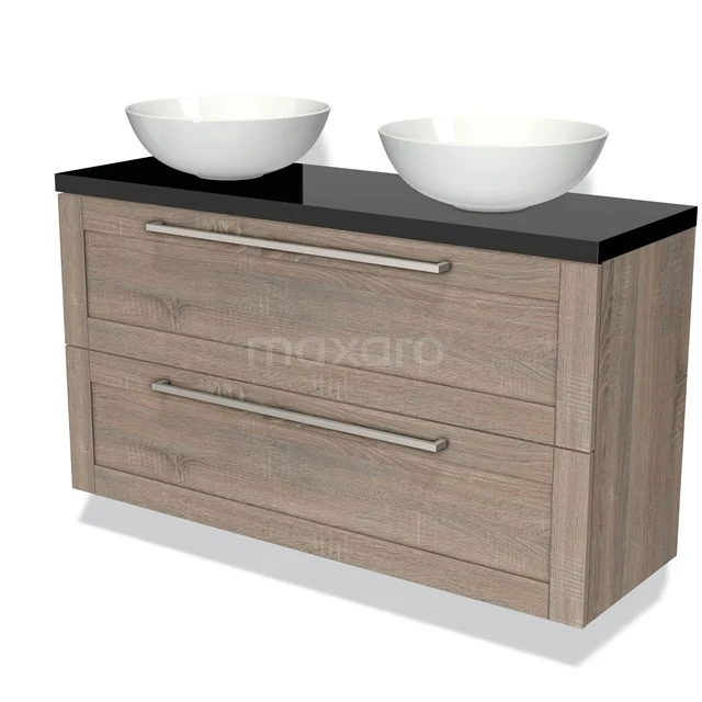 Modulo Plato Slim Vanity units for countertop basin | 120 cm Oak Frame front High-gloss black worktop 2 Stacked drawers BMK37-01986
