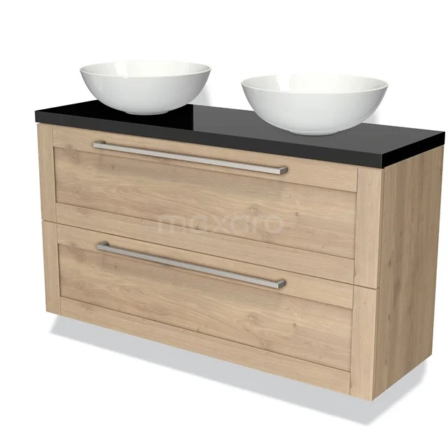 Wooden Bathroom unit with two white countertop wash basins, black worktop, modern drawers and Stainless steel handles for a stylish bathroom unit.