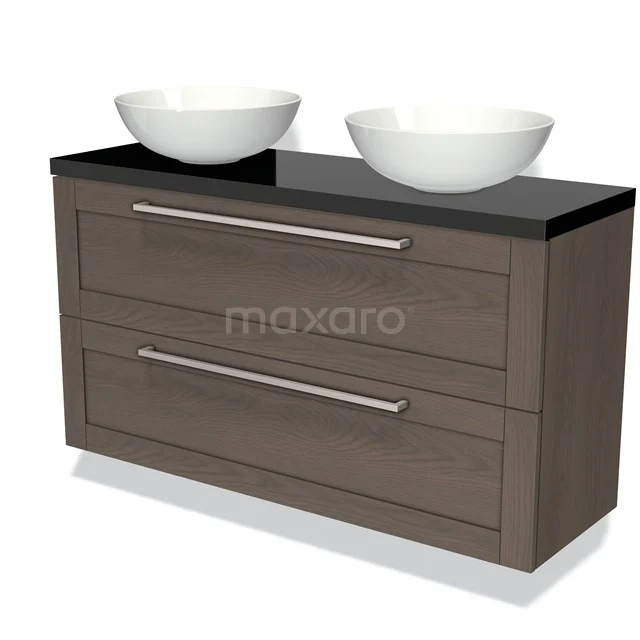 Bathroom unit wood-look with black top, two white drawers and drawers with silver handles.