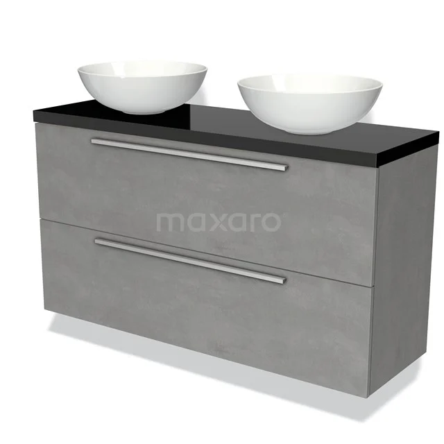 Modulo Plato Slim Vanity units for countertop basin | 120 cm Light grey concrete Flat front High-gloss black worktop 2 Stacked drawers BMK37-01997