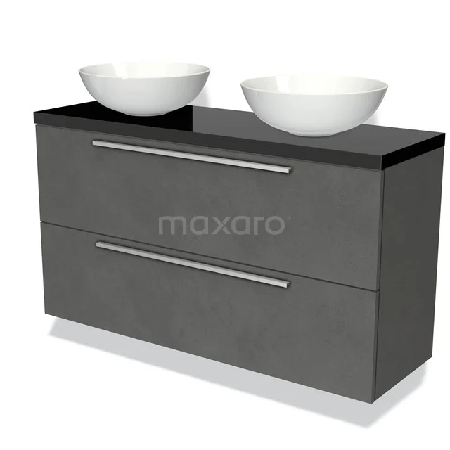 Modulo Plato Slim Vanity units for countertop basin | 120 cm Dark grey concrete Flat front High-gloss black worktop 2 Stacked drawers BMK37-01998