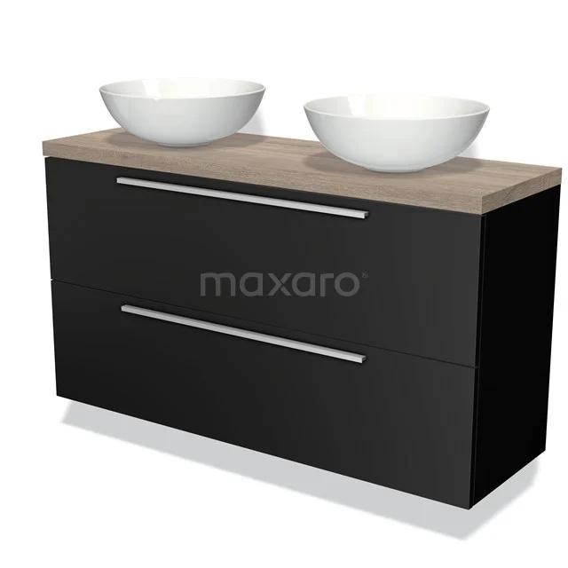 Modulo Plato Slim Vanity units for countertop basin | 120 cm Matte black Flat front Oak worktop 2 Stacked drawers BMK37-01999