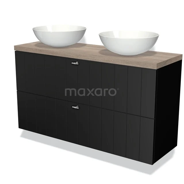 Schwarze Badmöbel mit zwei weißen Aufsatzwaschbecken, Holzplatte und klarem Design; ideal für einen modernen Badezimmerstil.