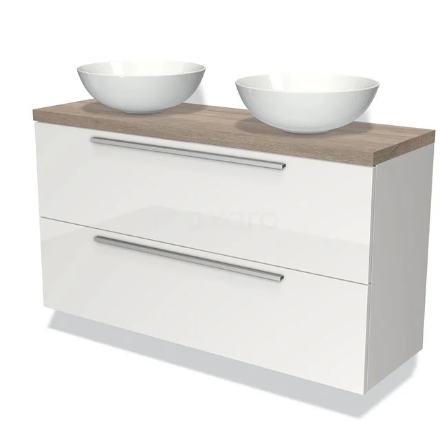 Waschtischunterschrank mit Konsole 120cm Modulo Plato Slim Hochglanz Weiß 2 Schubladen Flach BMK37-02005 Weißes Badezimmermöbel mit zwei runden Aufsatzwaschbecken, Holzplatte und zwei Schubladen, ideal für stilvolle und funktionale Bäder.