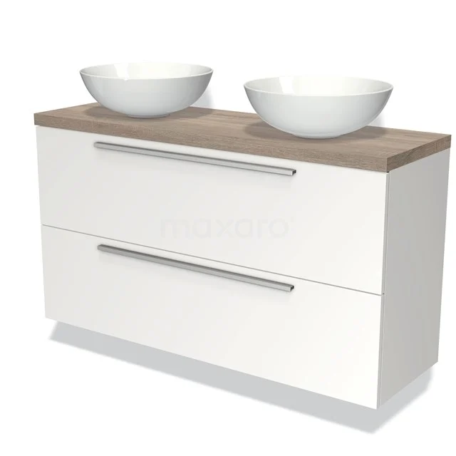 Weißes Badezimmermöbel mit doppelten weißen Aufsatzwaschbecken, Holzlook-Platte und modernen Schubladen für stilvolle Badezimmerlagerung.