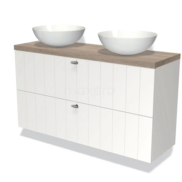 Weiße Badmöbelset mit Holzlook Platte, doppeltem Aufsatzwaschbecken und vertikalen Rillen im modernen Design.