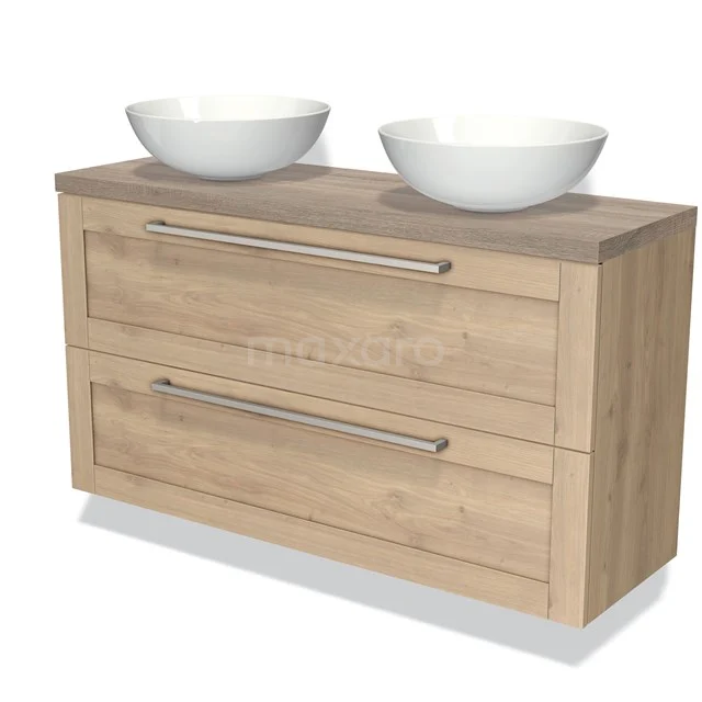 Wooden bathroom unit with modern double basin, natural wood finish and soft-close drawers, perfect for a stylish bathroom interior.