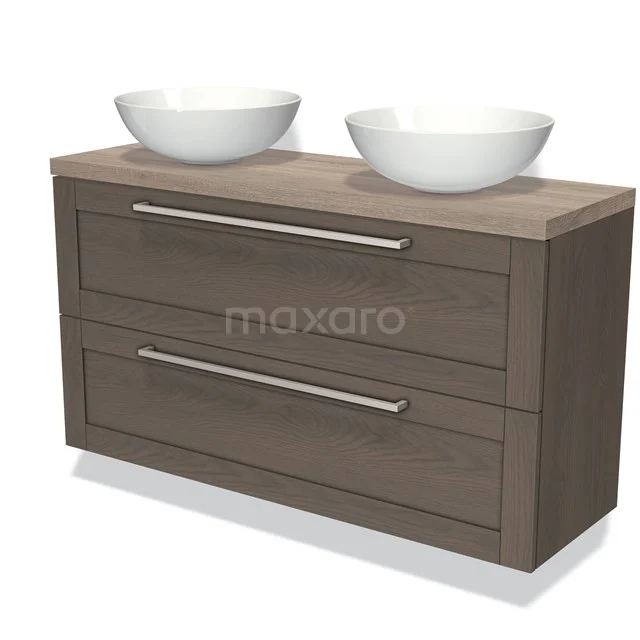 Wooden bathroom unit with two white vanity units for countertop wash basins, built-in drawers and sleek design, perfect for a modern bathroom.
